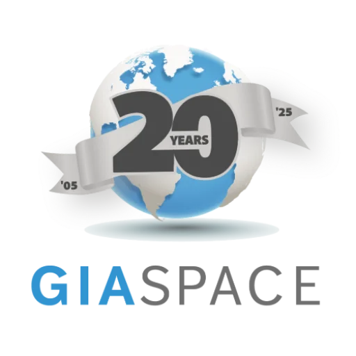 GIA SPACE 20th anniversary logo with a globe and ribbon reading '20 years' beneath the Earth graphic.
