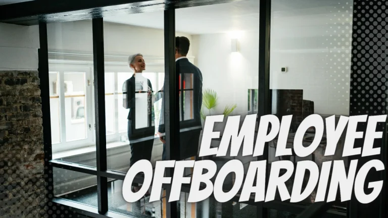 Two professionals in a glass-walled office talk, with a bold 'EMPLOYEE ONBOARDING' overlay across the scene.