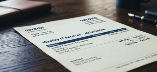 An invoice document labeled 'INVOICE' on a wooden desk, with 'Monthly IT Services' visible and a pen nearby.