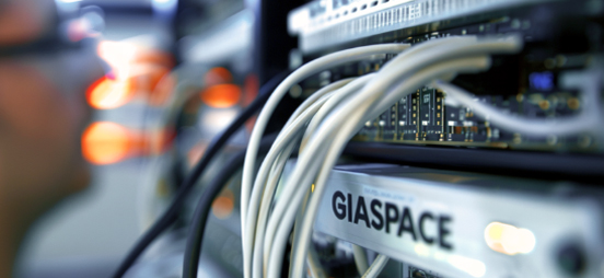 Close-up of a network server rack with white Ethernet cables and a switch labeled GIASPACE.