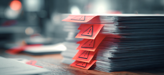 Stack of red caution tags clipped to a thick stack of documents on a desk.