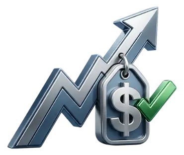 Upward trending graph with a blue arrow, dollar tag, and green checkmark, symbolizing financial growth or rising value.