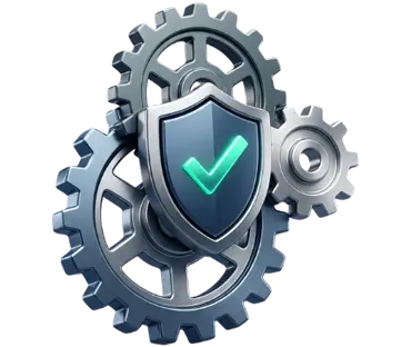 Gears with a shield showing a green checkmark, representing secure system protection.