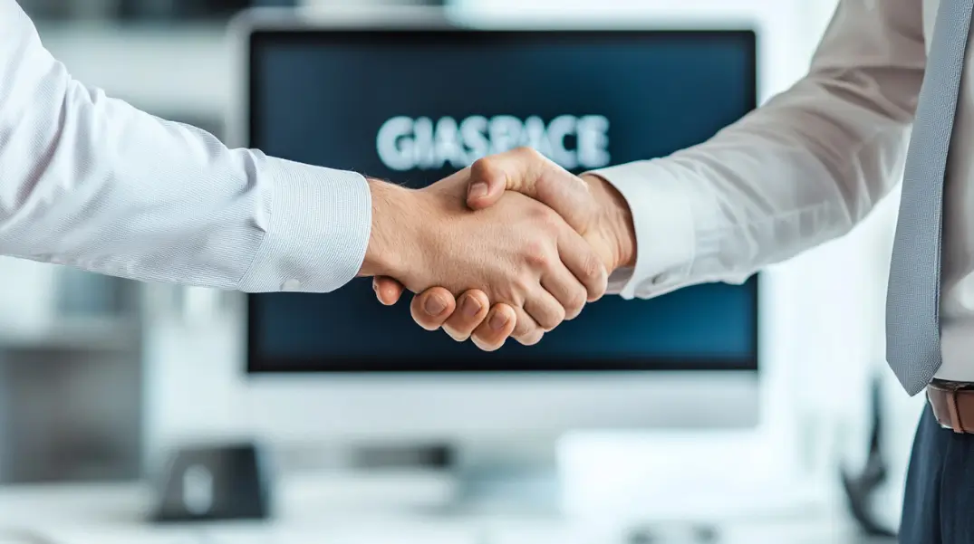 Two professionals shake hands in an office, with a computer monitor in the background.