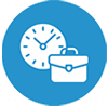 Blue circular icon showing a clock overlapping a briefcase, symbolizing time management or business hours.