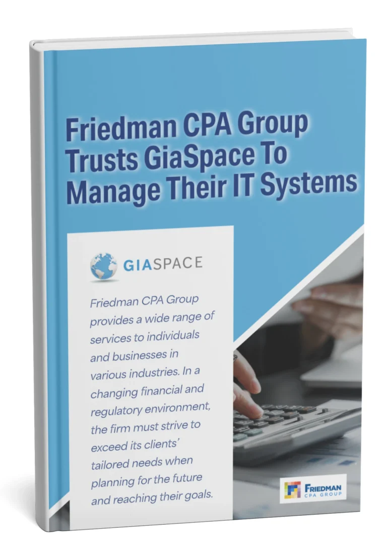 Blue cover brochure featuring 'Friedman CPA Group Trusts GiaSpace To Manage Their IT Systems' with GiaSpace logo on white label