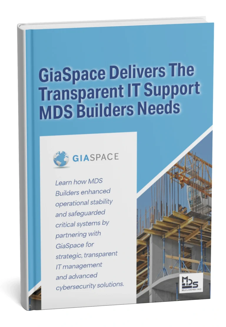 Book cover: GiaSpace Delivers The Transparent IT Support for MDS Builders Needs, blue design with construction image