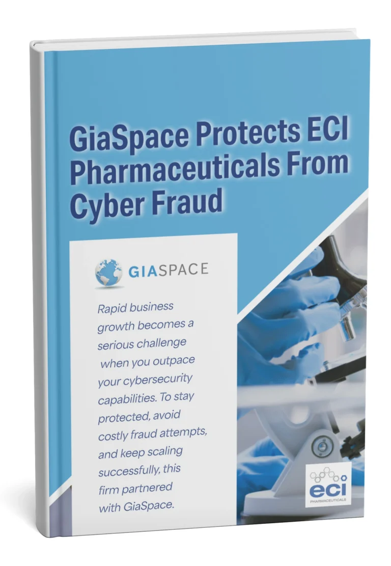 Book cover: GiaSpace Protects ECI Pharmaceuticals From Cyber Fraud, blue design with GiaSpace logo in the lower left area of the cover.