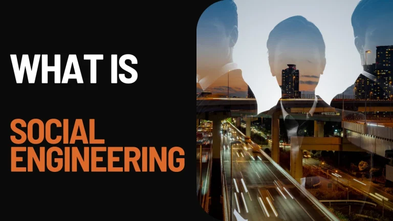 Banner text reads 'WHAT IS' and 'SOCIAL ENGINEER ING' with a double-exposure of silhouettes and a city street, conveying an informational topic about social engineering.