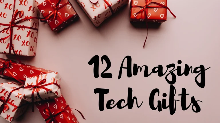 Red and white gift boxes with ribbons arranged around the words '12 Amazing Tech Gifts' on a pale pink background.
