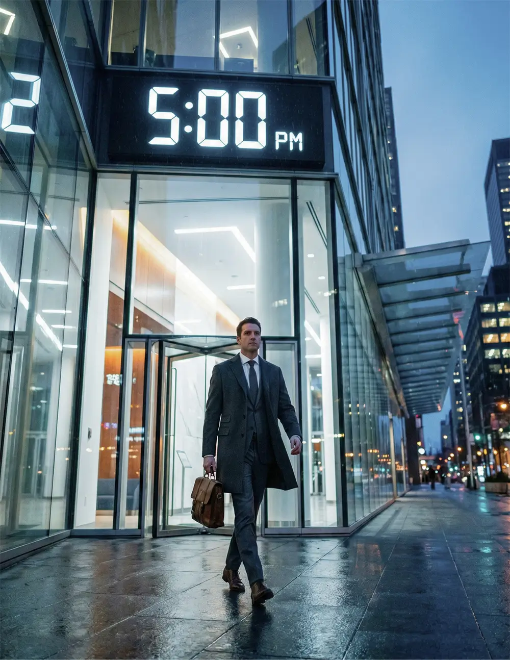 Businessman in a gray suit walks out of a glass office building at 5:00 PM with a briefcase in hand.