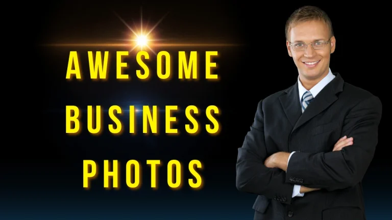 Professional man in a dark suit with folded arms beside bold yellow text reading 'AWESOME BUSINESS PHOTOS' on a dark gradient background.