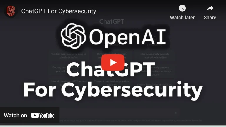 YouTube thumbnail: OpenAI logo and large text 'ChatGPT For Cybersecurity' with a red play button.