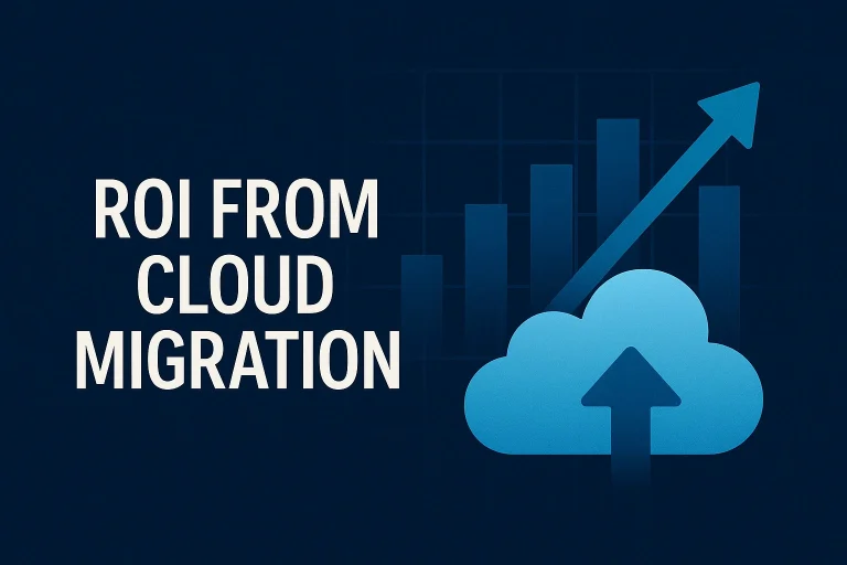 Graphic showing ROI from cloud migration: blue cloud, rising bar chart, and upward arrow indicating growth