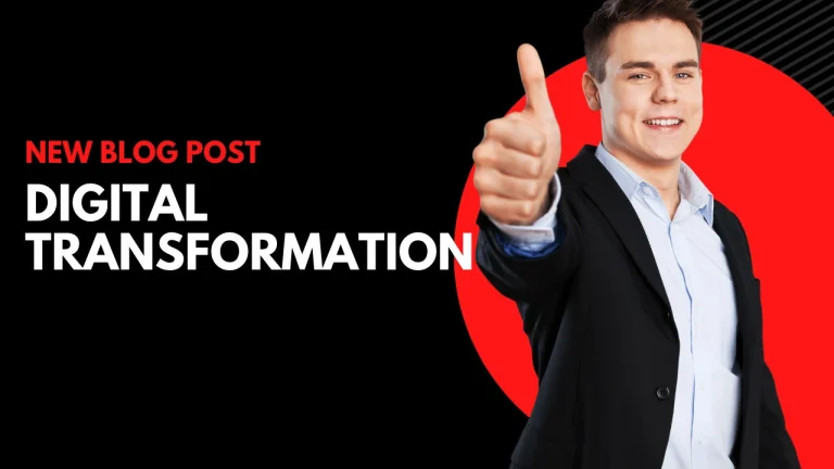 Smiling man in a suit giving a thumbs up beside bold red and white text: 'New Blog Post' and 'Digital Transformation'.