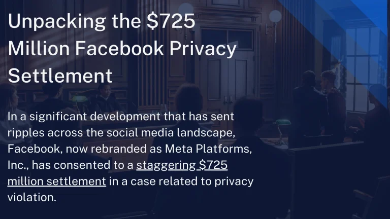 Banner headline: 'Unpacking the $725 Million Facebook Privacy Settlement' over a dark blue overlay in a conference room setting.