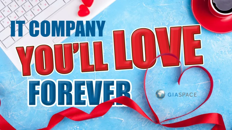 Promotional banner for an IT company reading 'YOU’LL LOVE FOREVER' on a blue background with a keyboard and red ribbon.”