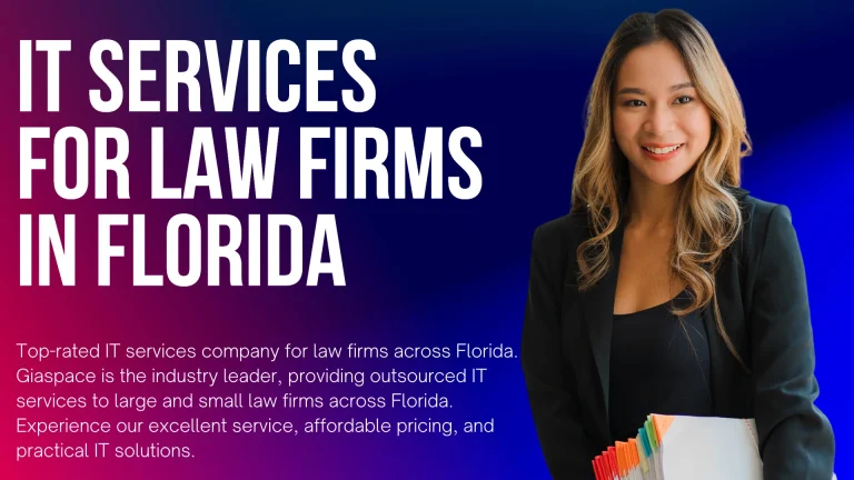 Banner showing 'IT SERVICES FOR LAW FIRMS IN FLORIDA' with a smiling professional woman holding color-coded folders on a blue-purple gradient background, marketing hero image.
