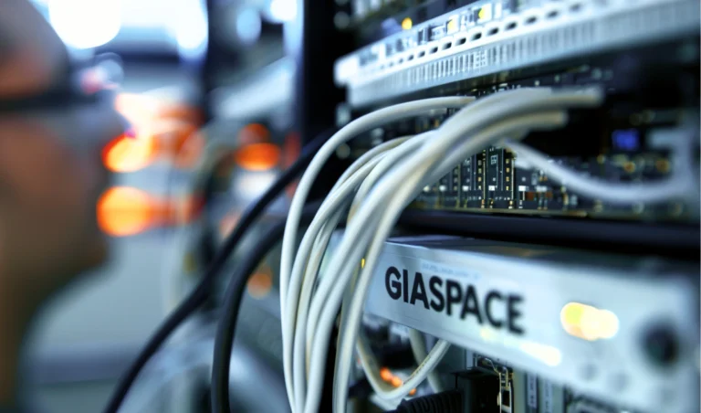 Close-up of a server rack with numerous white Ethernet cables and a patch panel, foreground cables blurred the label 'GIASPACE' visible on the unit.