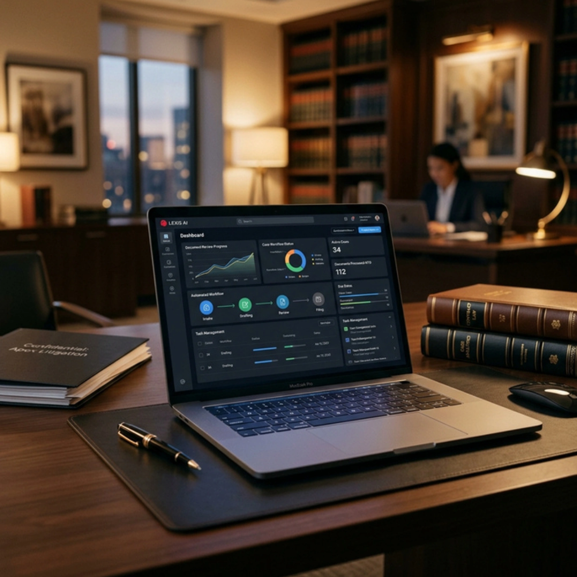 Laptop on a wooden desk shows a data dashboard with charts, in a softly lit home office.