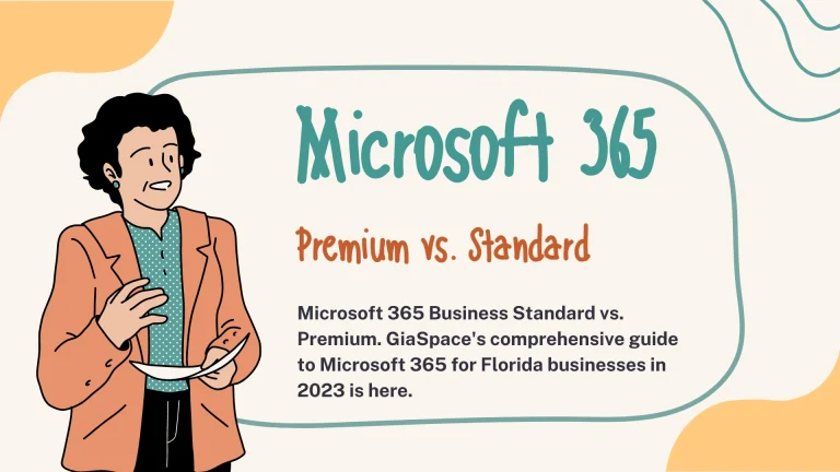 Illustrated person in a peach blazer presenting a slide about Microsoft 365 Premium vs Standard next to a text panel.