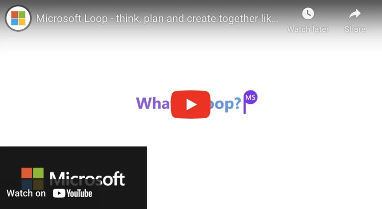 Video thumbnail for a YouTube Microsoft Loop tutorial titled 'think, plan and create together' with a red play button overlay and logos on a white background.