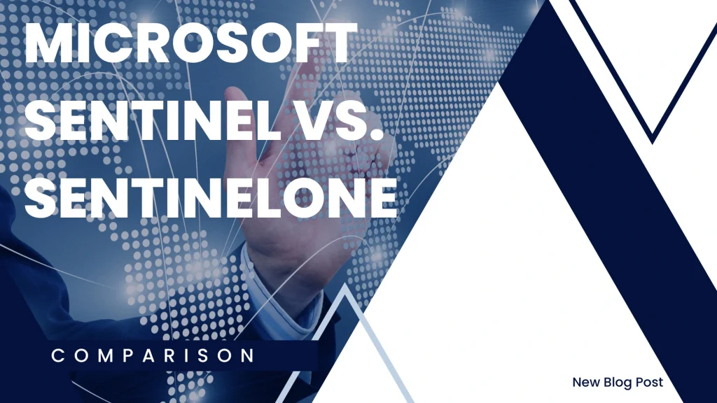 Hero banner for a blog post titled 'Microsoft Sentinel vs. SentinelOne' comparing the two security products, with blue geometric graphics and 'Comparison' text.