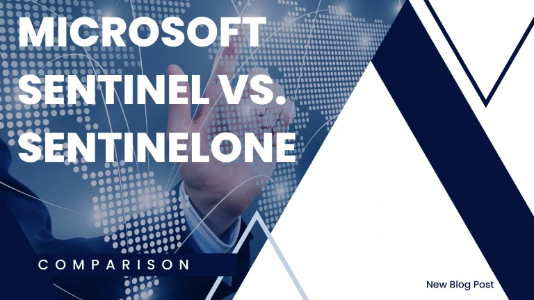 Hero banner for a blog post titled 'Microsoft Sentinel vs. SentinelOne' comparing the two security products, with blue geometric graphics and 'Comparison' text.