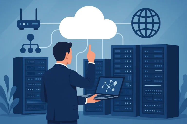IT professional in a data center points at a cloud connected to servers and the internet, laptop showing a network diagram.
