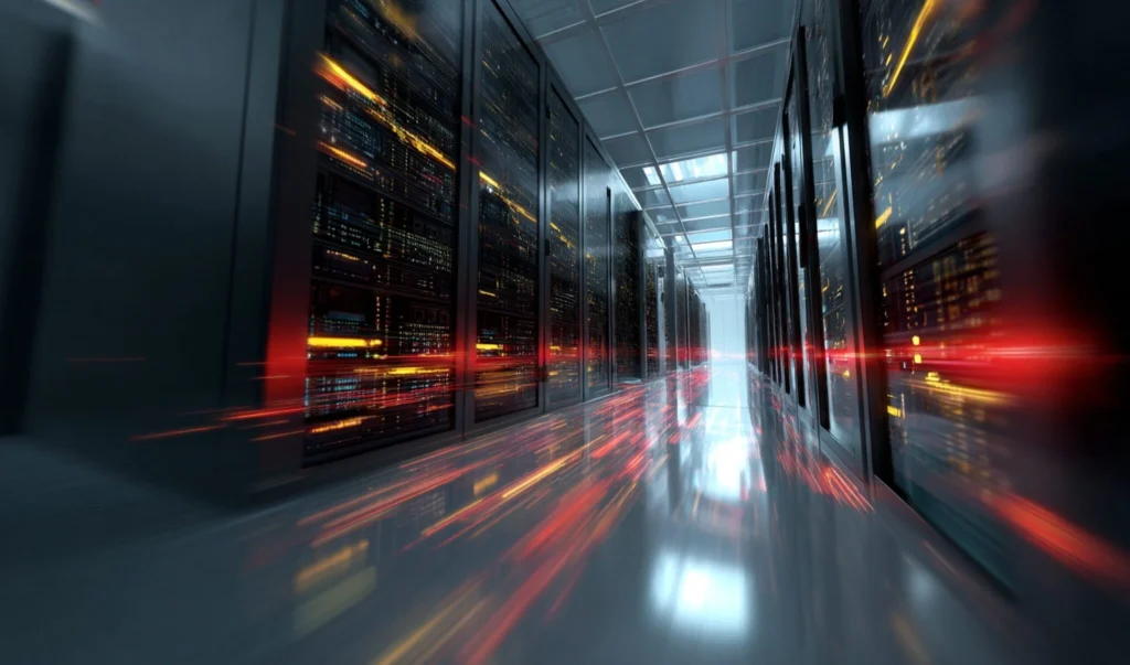 Data center corridor with rows of server racks and blue lighting, red light trails streaking through the aisle in motion blur.
