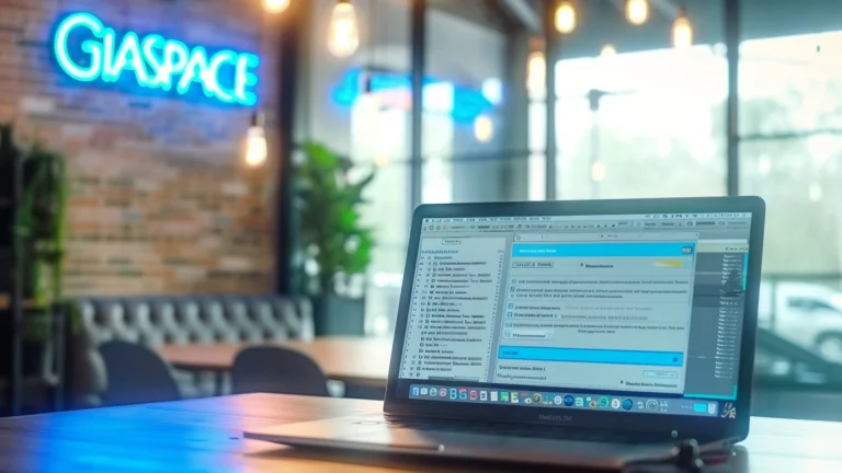 Open laptop on a wooden table in a bright cafe, screen displaying a blue dashboard or software interface; neon sign and cozy seating blur in background