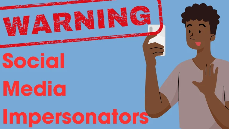 Cartoon person holding a smartphone with a red 'WARNING' stamp and the words 'Social Media Impersonators' on a blue background, warning about impersonation