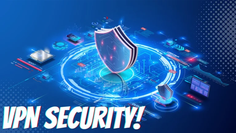 Futuristic blue cyber security scene with a glowing shield over a digital circuit circle and the caption 'VPN SECURITY!' in bold white letters at the bottom.