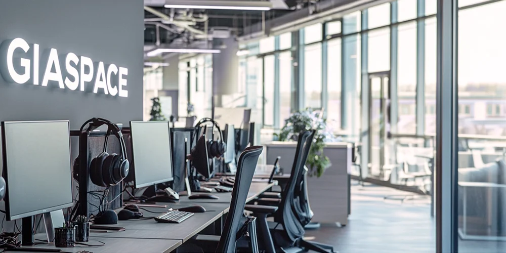 Open-plan coworking area with rows of computer workstations, chairs and headphones beneath a glowing GIASPACE sign.