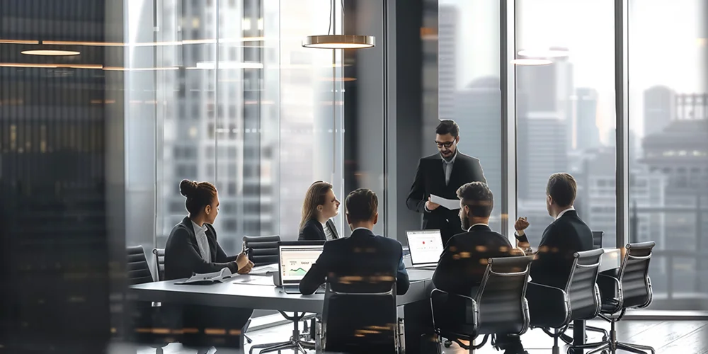 Six professionals sit around a conference table in a modern glass-walled office; a presenter stands with papers.