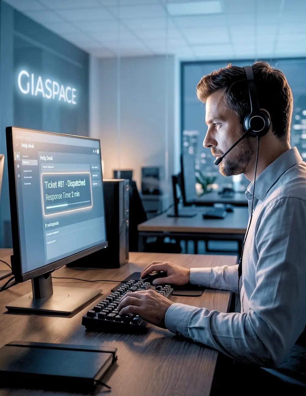 IT help desk agent wearing a headset and typing at a computer in a modern office.