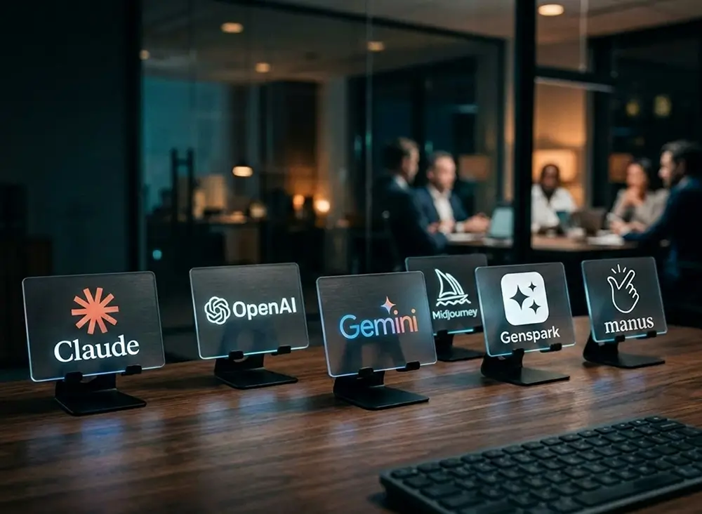 Row of glass nameplates on a wooden desk displaying Claude, OpenAI, Gemini, Midjourney, GenSpark, and Manus logos; blurred office meeting in background.