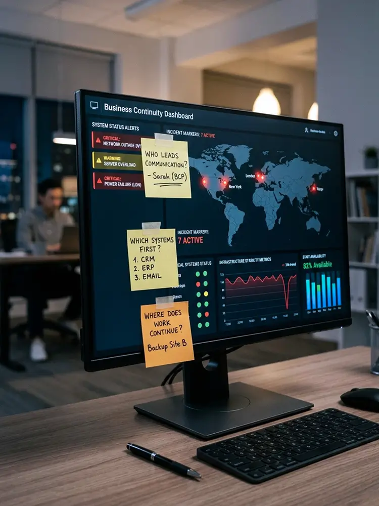 Monitor displaying a Business Continuity Dashboard with world map, alerts, and charts; yellow sticky notes with questions attached to the screen edge.
