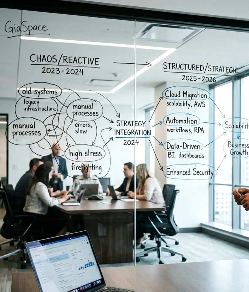 Team meeting in a modern office with a glass whiteboard showing a strategic plan: Chaos/Reactive 2023-24 vs Structured/Strategic 2025-26 with diagrams and arrows.
