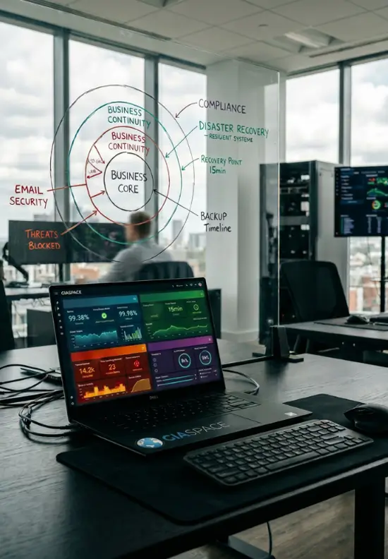 IT operations desk with a laptop showing colorful dashboards; a glass wall diagram about business continuity and disaster recovery looms in the background.