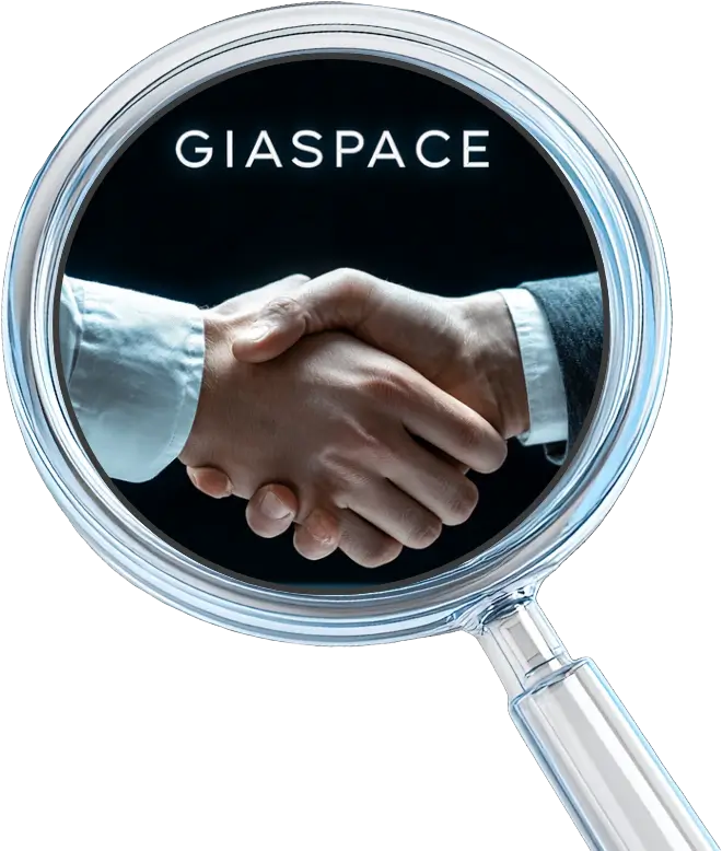 Handshake inside a magnifying glass with the word GIASPACE, symbolizing partnership and collaboration.