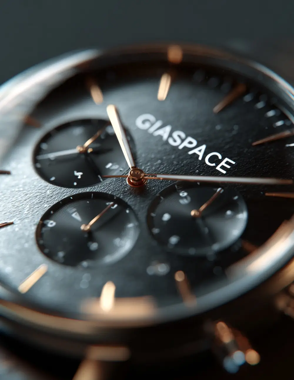 Close-up of a black wristwatch dial with gold hands and subdials, brand name GLASPACE visible in the center.