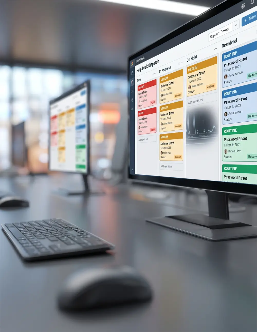 Desk setup with a monitor showing a colorful help-desk ticketing dashboard, plus a keyboard and mouse in the foreground.