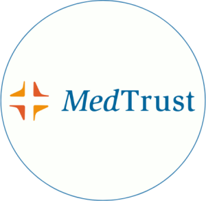 MedTrust logo: orange cross symbol to the left of the blue 'MedTrust' wordmark on a white circular background