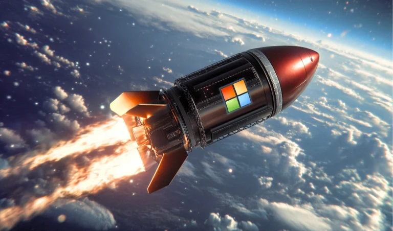 Rocket in space with a Windows-branded capsule orbiting above Earth.