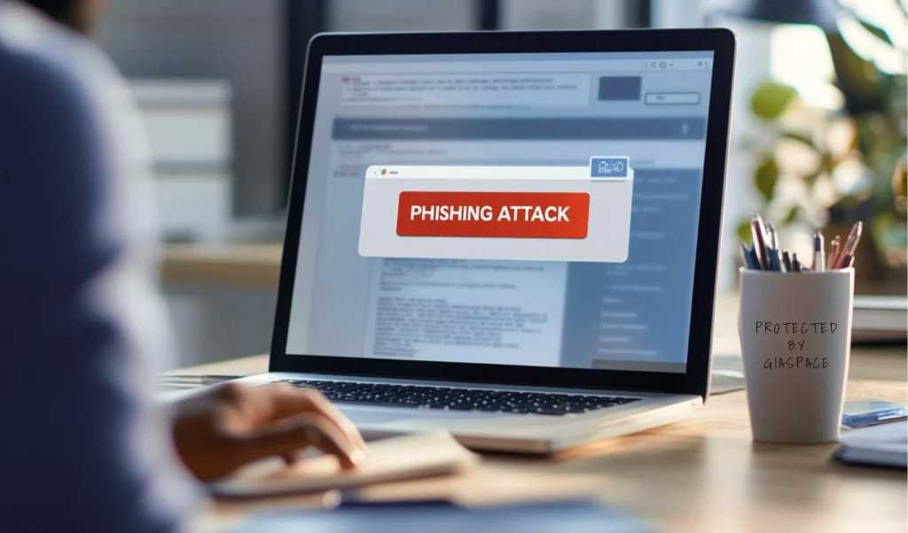Laptop screen with a red 'PHISHING ATTACK' banner popup on a blurred desk background.