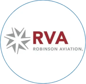 RVA Robinson Aviation logo: gray starburst symbol with red 'RVA' and 'ROBINSON AVIATION' text beneath.