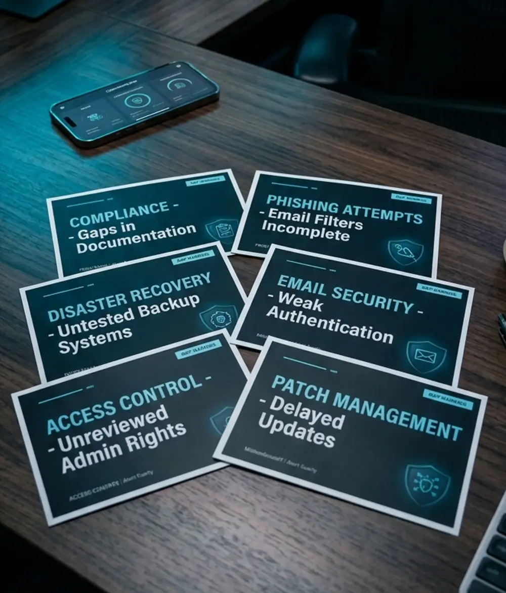 Six security-themed posters on a desk with a smartphone nearby, listing topics like Compliance, Phishing, Disaster Recovery, Email Security, Access Control, and Patch Management.