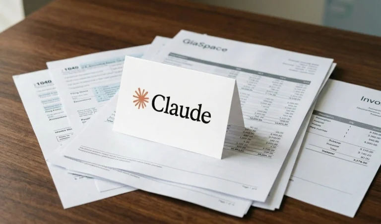 Business card reading 'Claude' with an orange starburst logo on top of stacked invoices on a wooden table.