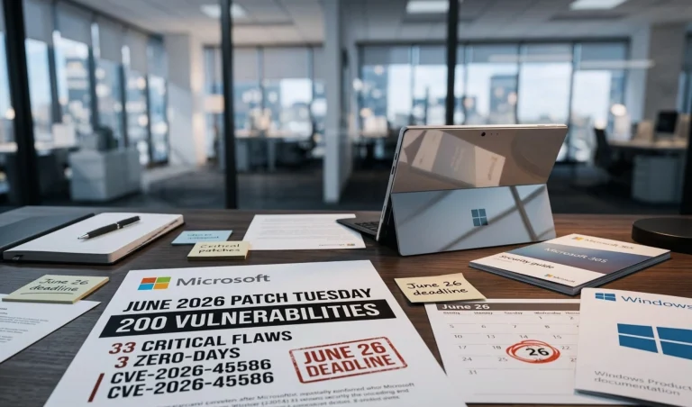 Desk cluttered with papers about Microsoft’s June 2026 Patch Tuesday and a June 26 deadline, in a modern office setting.